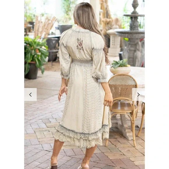 Young‎ Threads Cream Stone Washed Elastic V-neck Midi Dress Cowgirl Boho - Picture 2 of 3